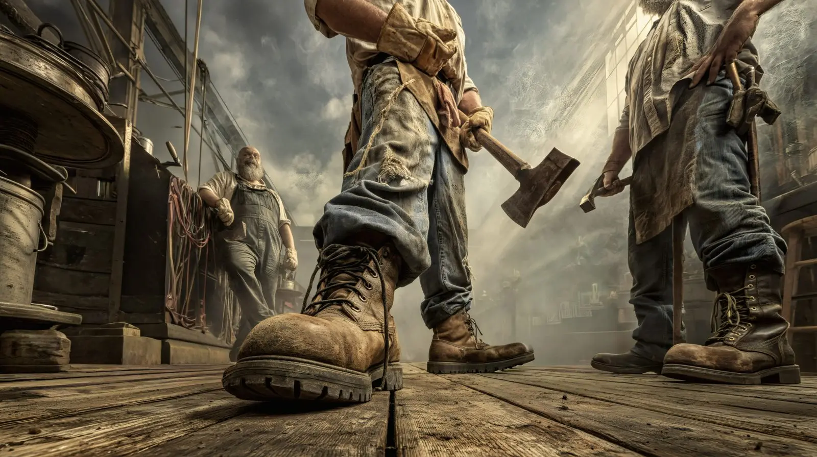 A line of boots. The men have gone; the work has not.