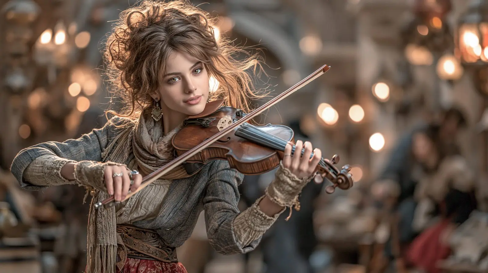 Wind in the hair, a bow across the strings, lanterns for a crowd that has not yet arrived.