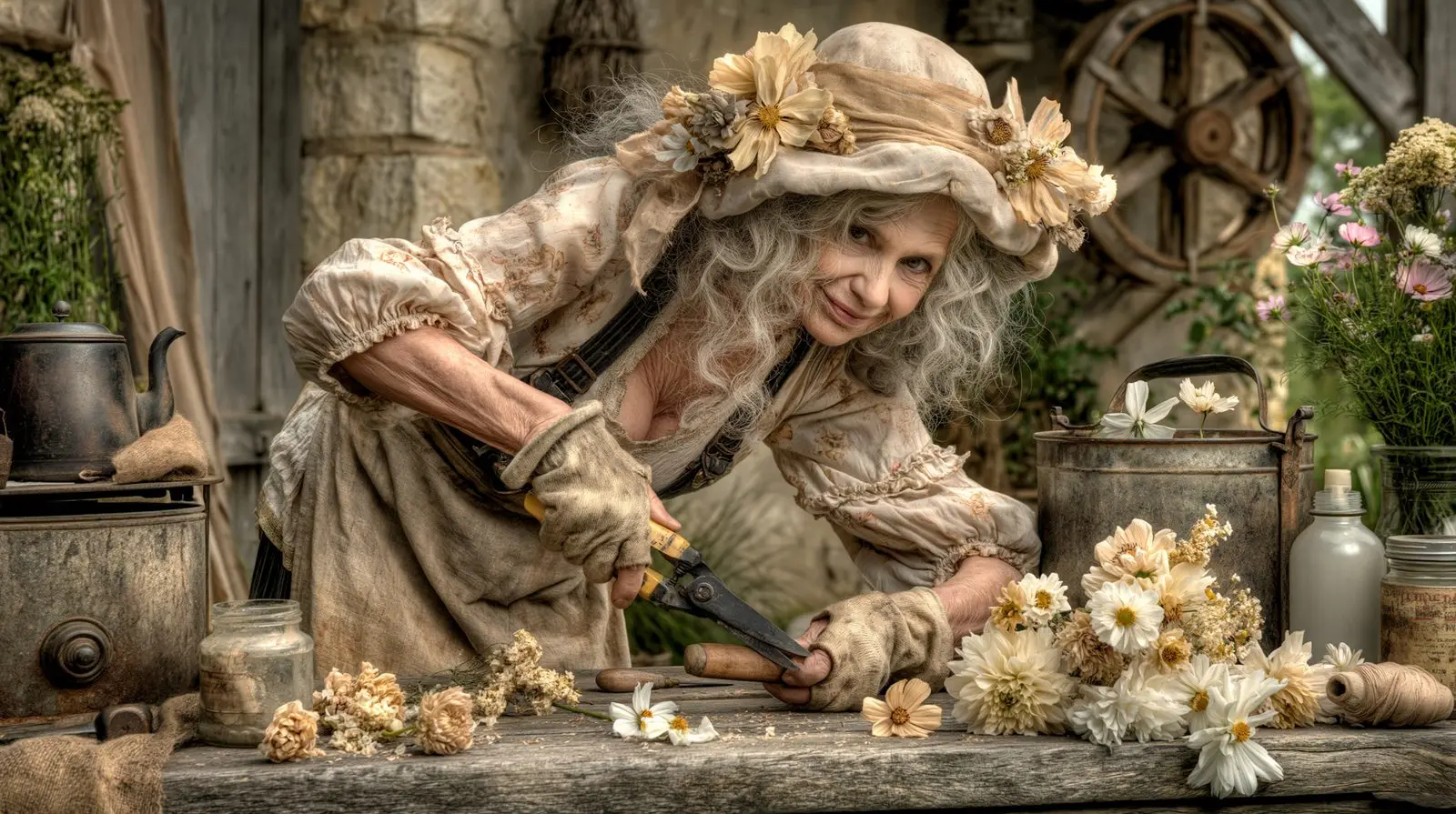 Shears, stems, a woman who harvests colour before noon.