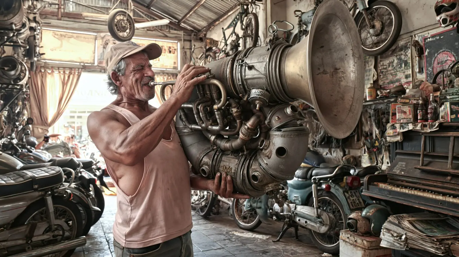 In a motorcycle shop, a man plays a horn that used to be a machine.