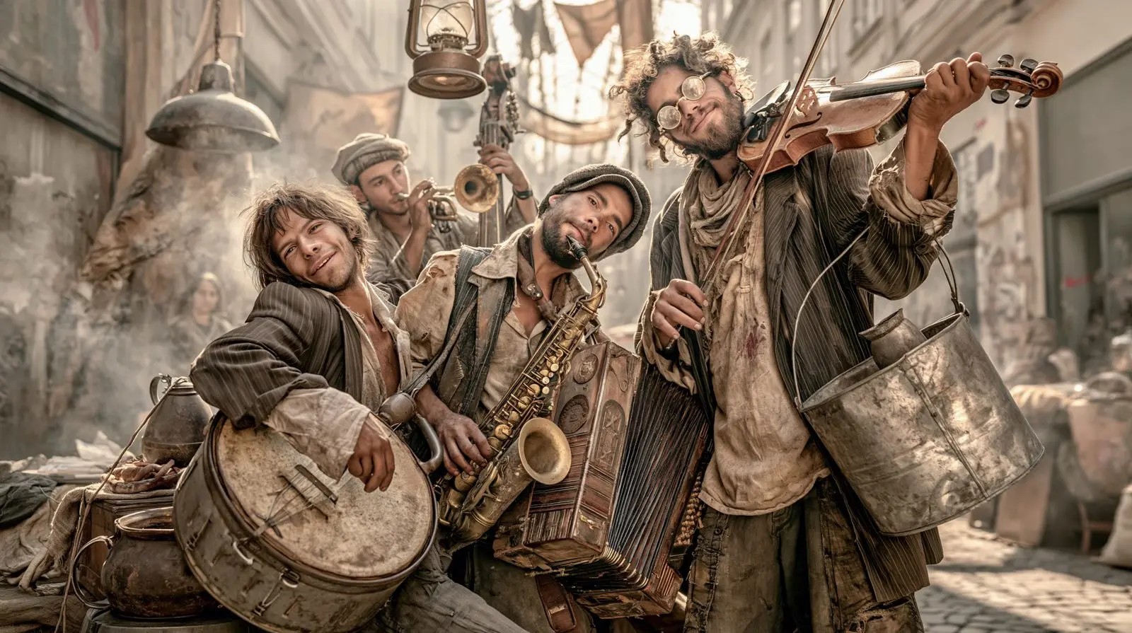 Buckets, a battered drum, a violin held like a secret. Music from whatever was at hand.