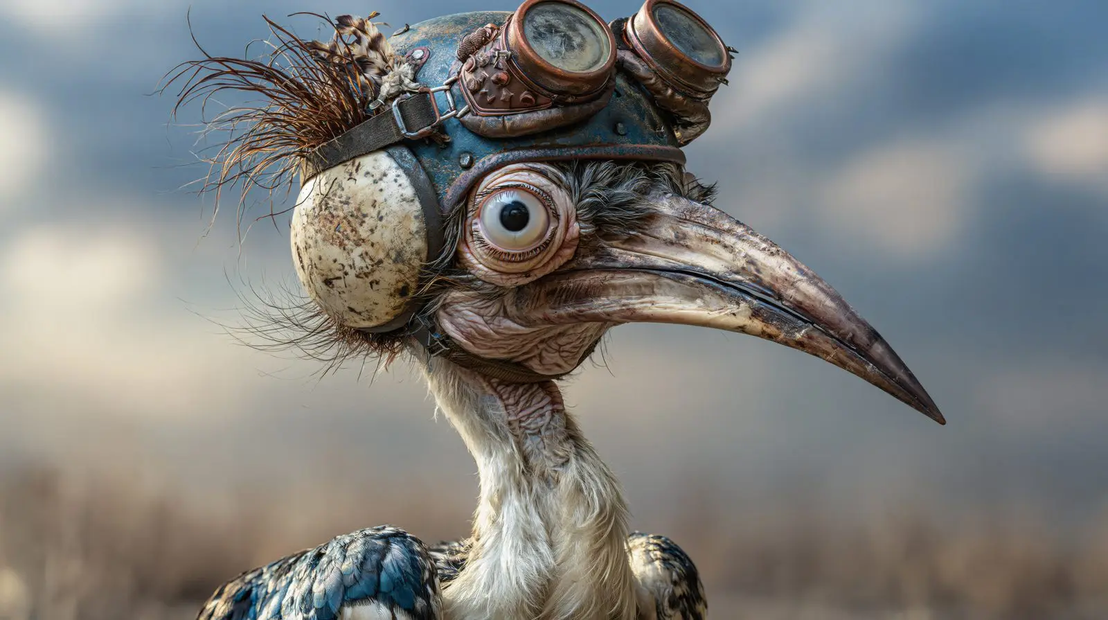 A bird in a helmet, as serious as any knight. Wonder in full kit.