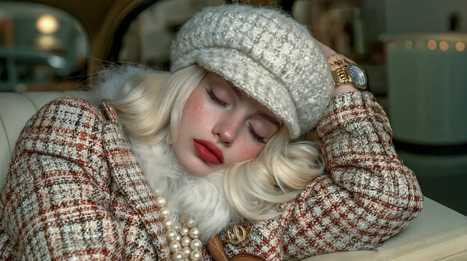 A blonde head, pearls, a tweed coat used as a pillow. Rest as luxury and surrender.