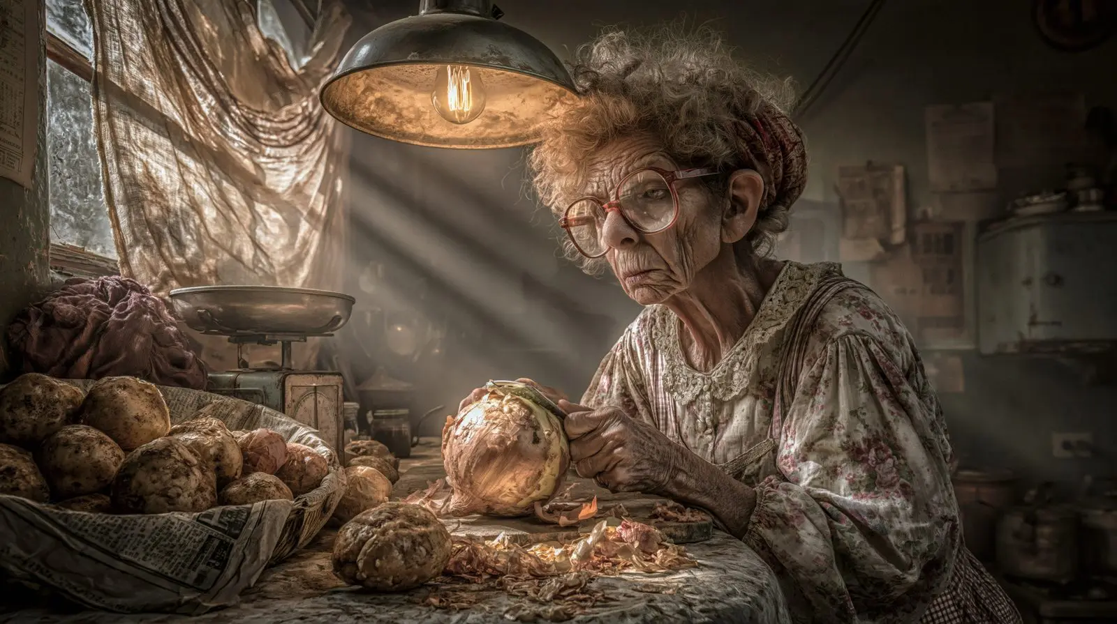 A kitchen task given the gravity of a still life. Earth on the hands, gold in the window.