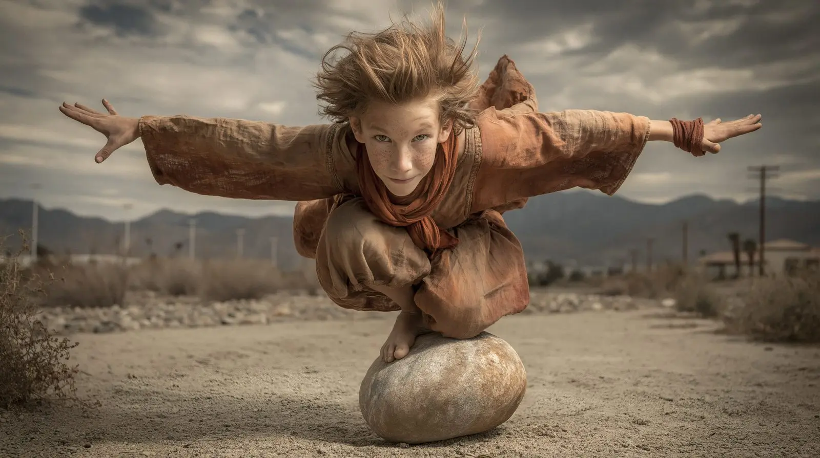 A child balanced on a single stone, arms open to a desert that has become a stage.
