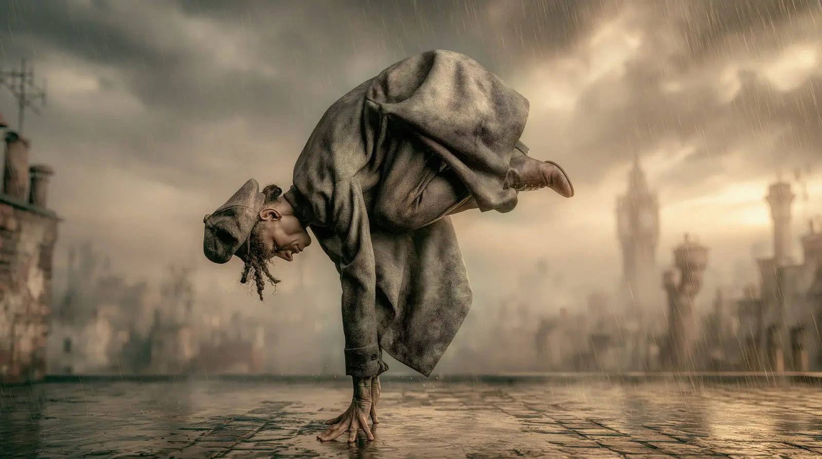 A wet roof, a grey coat, a city that has agreed to be the floor.