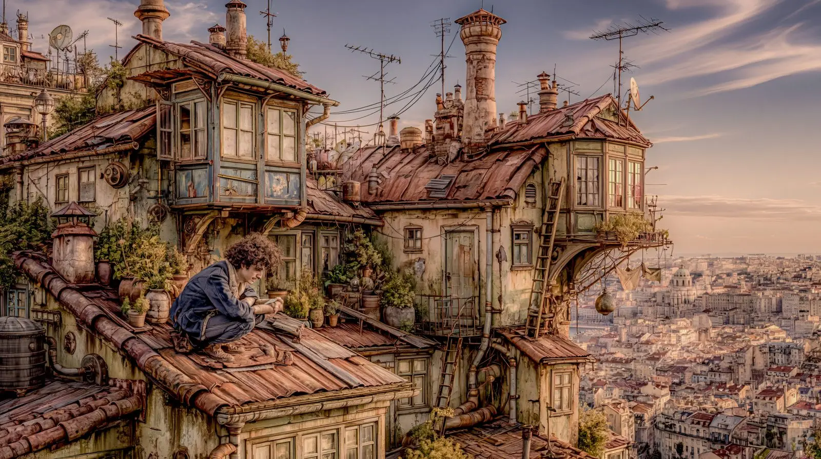 Tiles, chimneys, a weather that belongs only to the roofs.