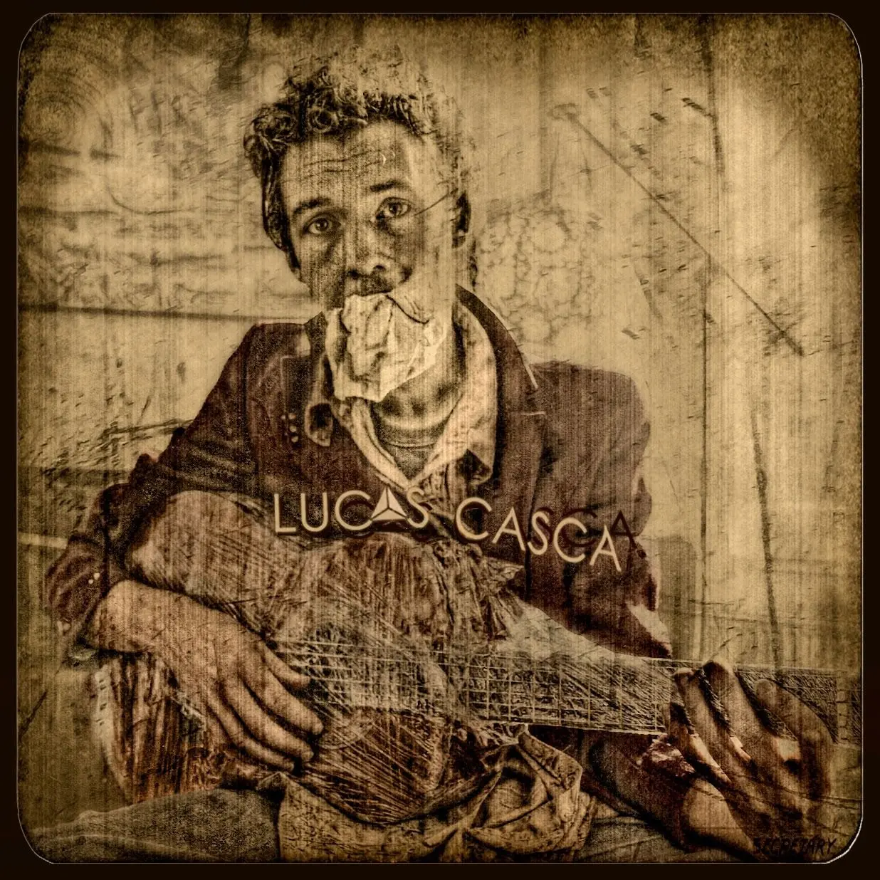 Secretary — Lucas Casca as a dust-bowl guitarist, mouth bound with paper