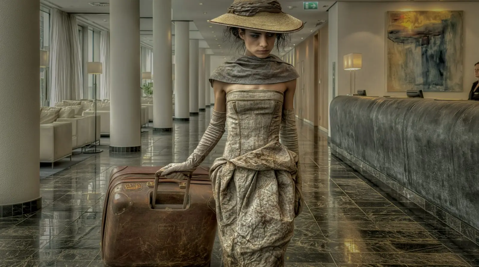 Dust of another century on a marble floor. She has not yet decided which year this is.