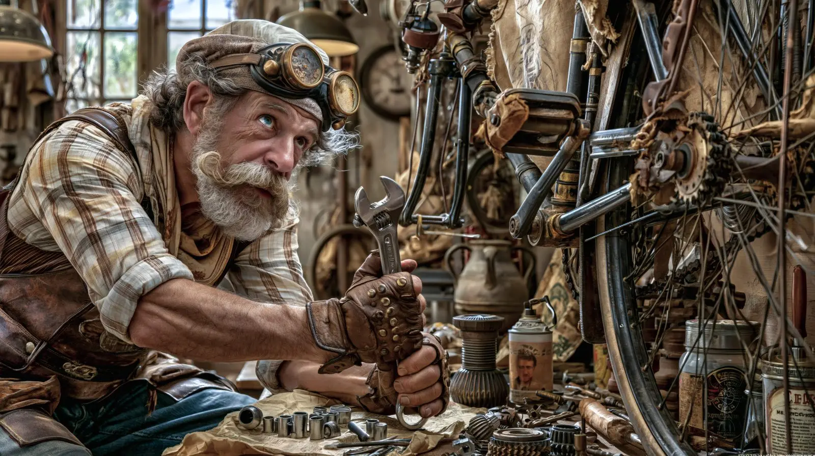 Goggles, a wrench, a wheel that will ride again. The shop is a chapel of grease.