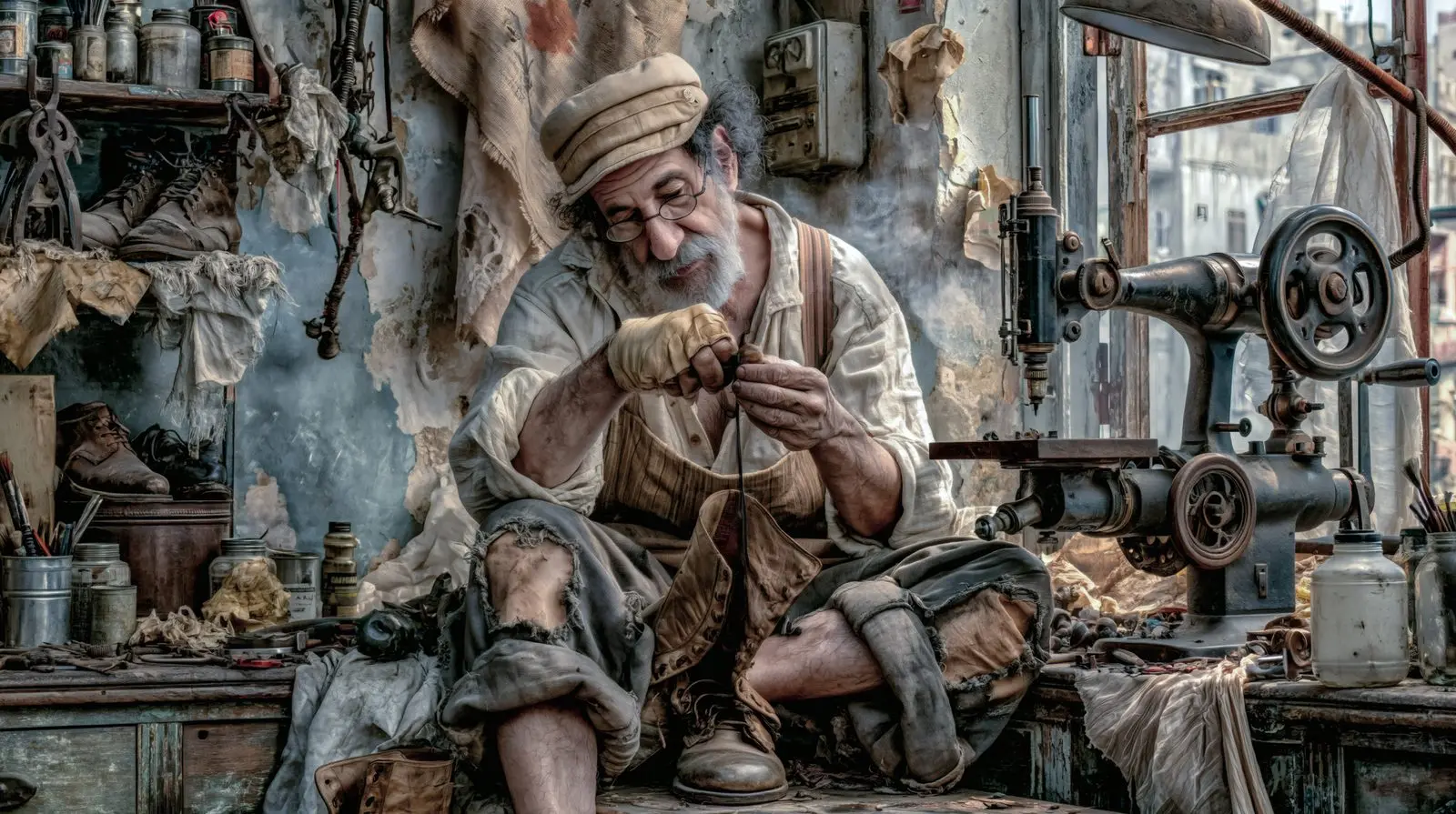 Needle, last, a boot that has already walked a century. He mends what the street wears out.