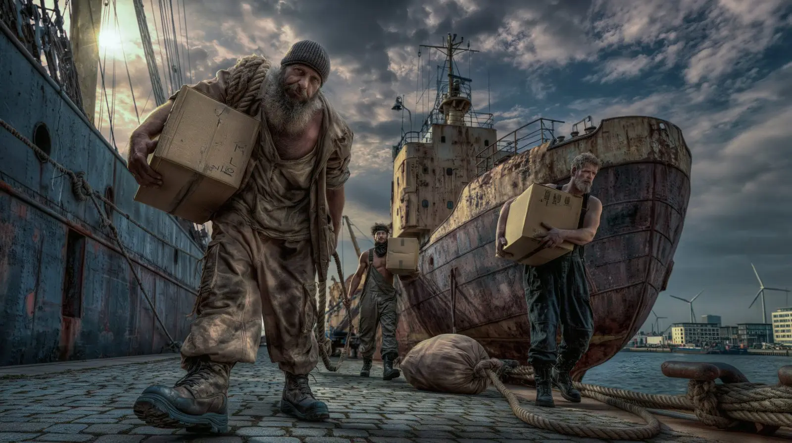 Boxes, shoulders, a dock that has always been this painting.