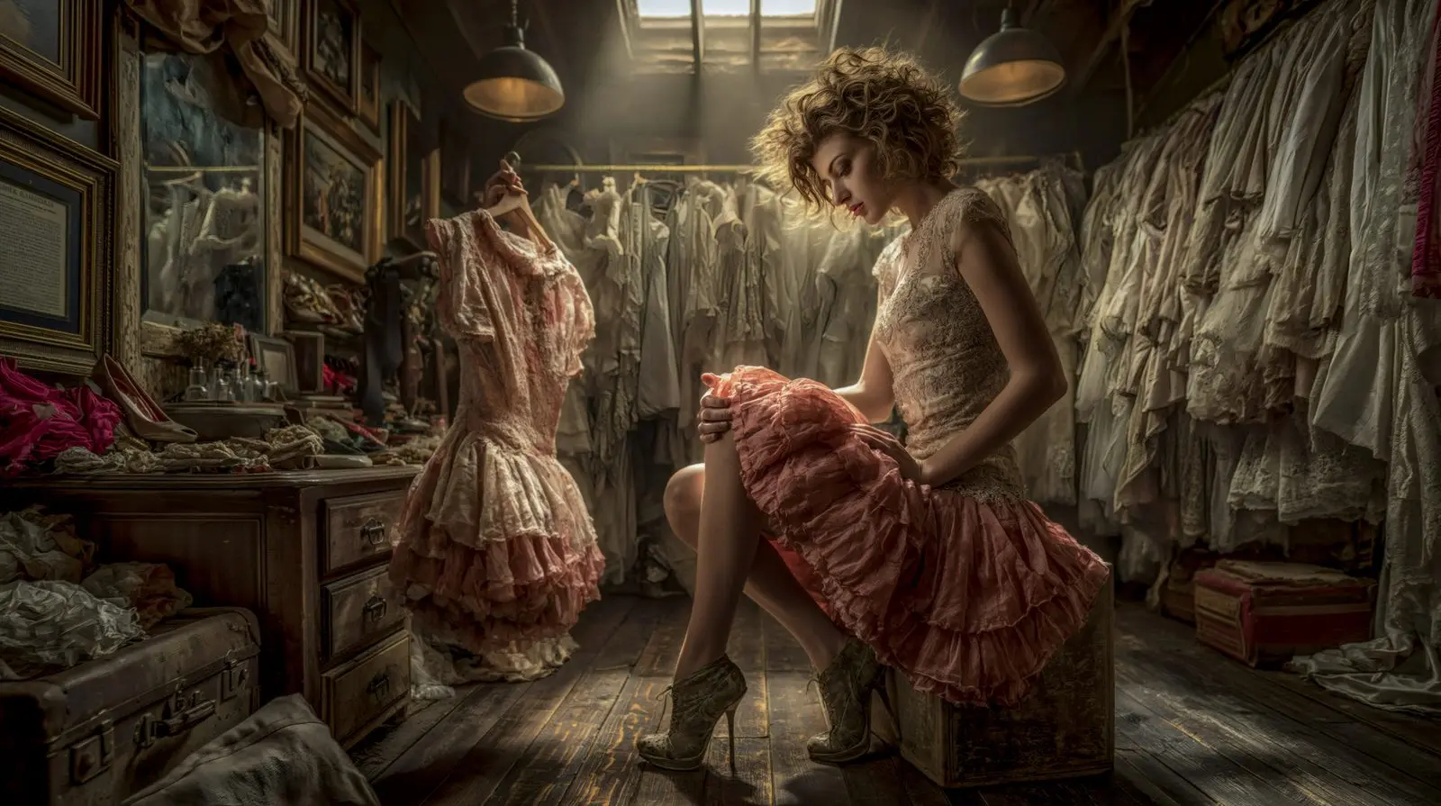 Attic light, racks of white, a pink froth of tulle. She is not shopping. She is becoming.