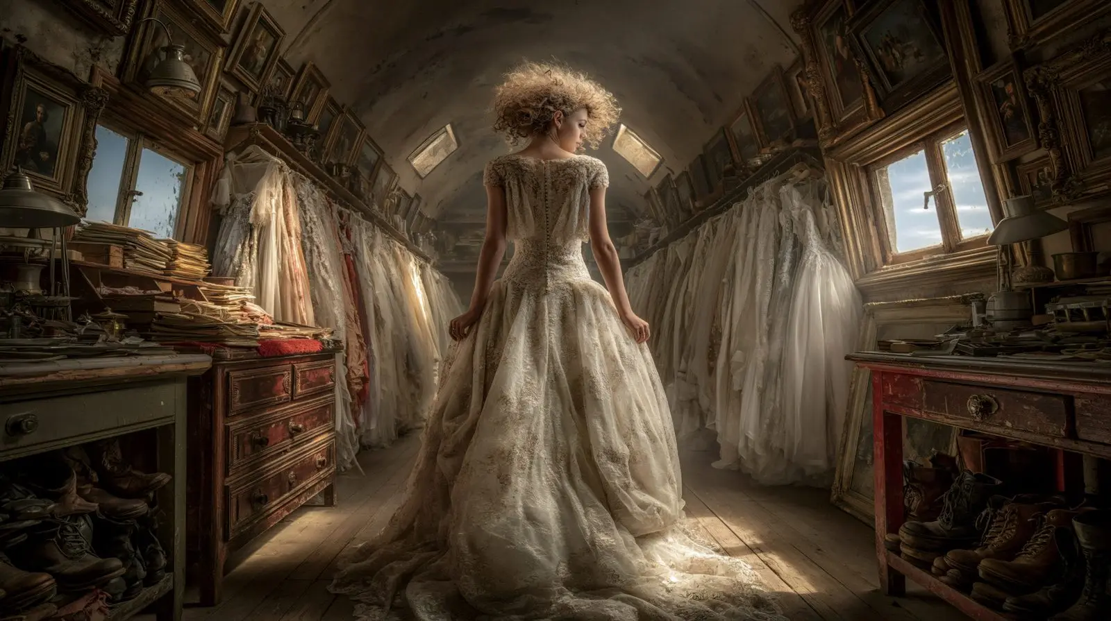 Attic light, racks of white, a pink froth of tulle. She is not shopping. She is becoming.