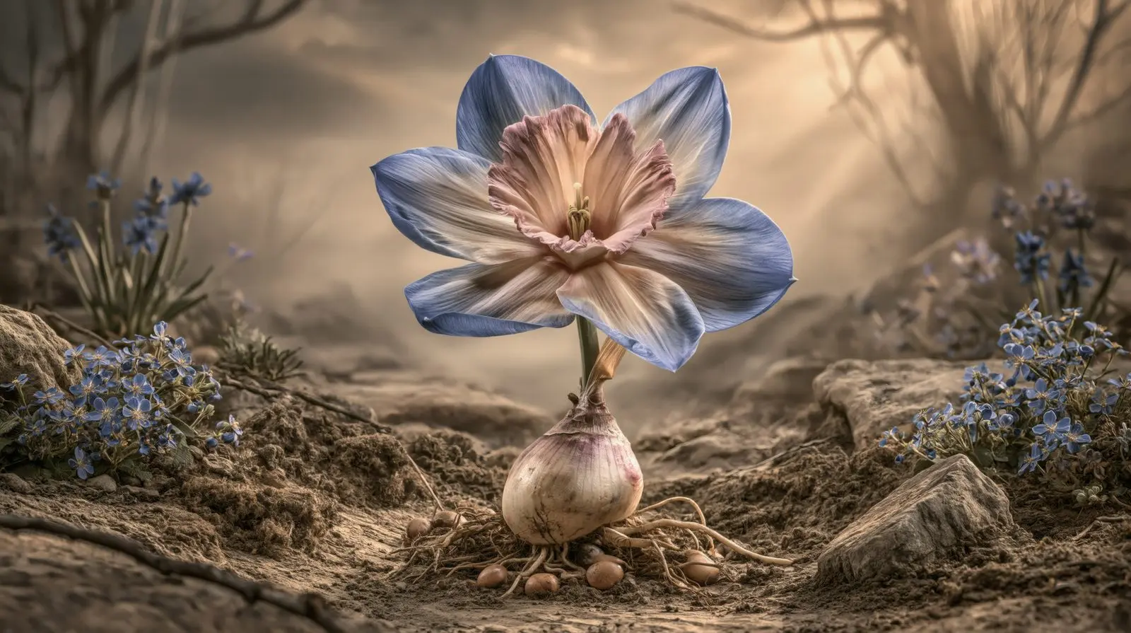 One flower, fully decided, in soil that has only just remembered rain.