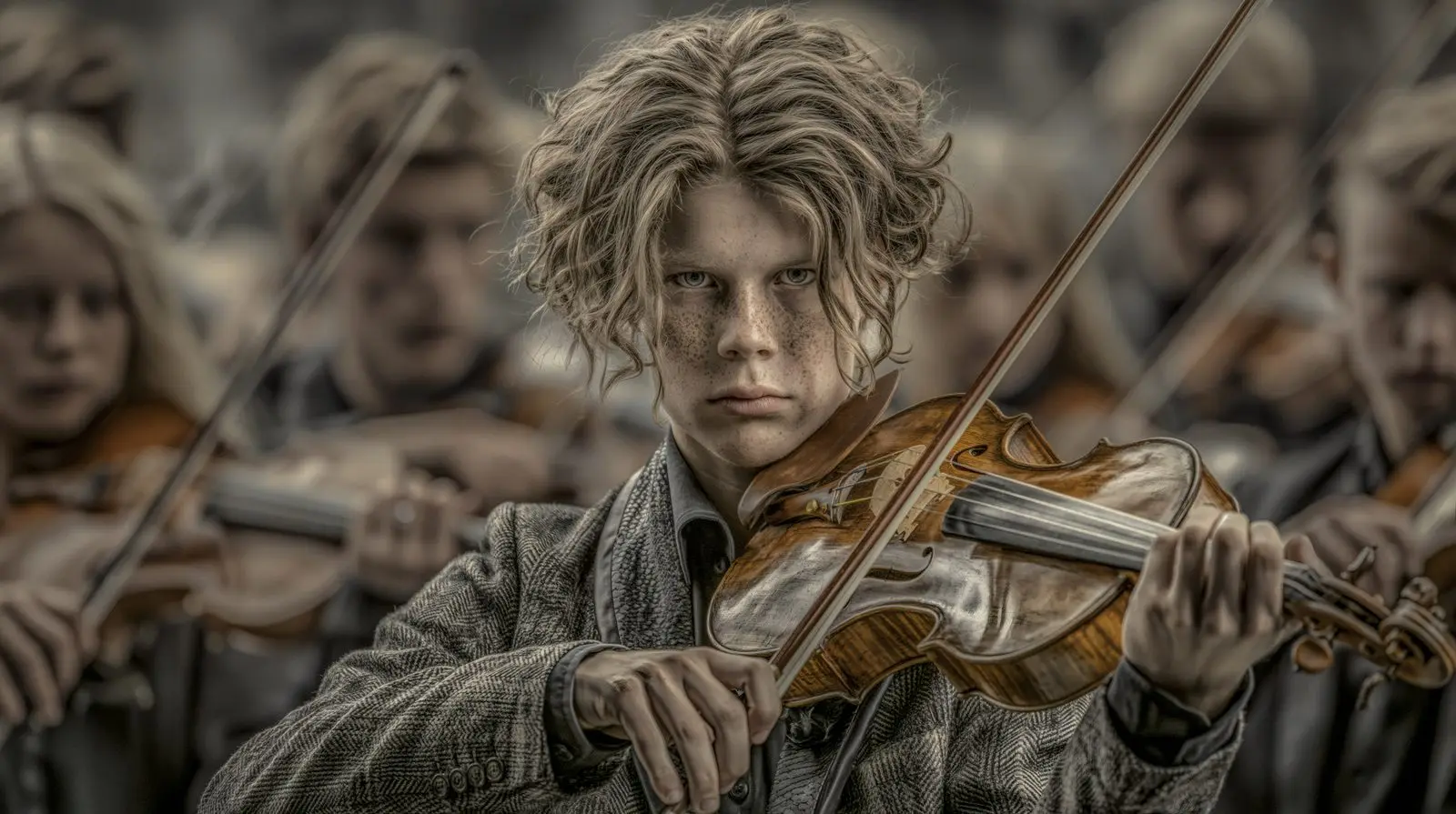A boy at the front of the section, as if the century had asked him to begin.